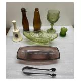 Vintage green & brown glass, bell more