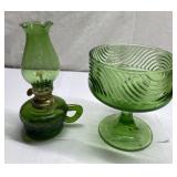 Vintage green glass oil lamp & candy dish
