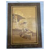 Inlaid wood piece with tag 7x9in