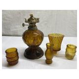 Vintage amber glass oil lamp & more