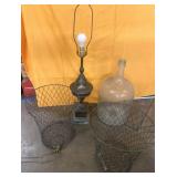 Wire baskets, glass water jug & lamp