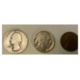 1934 quarter, Indian Head Buffalo nickel & penny