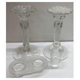 Depression glass candle sticks & more