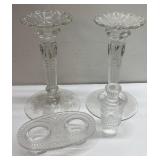 Depression glass candle sticks & more