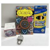 Lock w/ key, scratch paper, Adult coloring book &