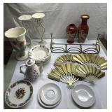 Candle sticks, vases, plates, shelf more