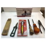 Laser Level, tools, vintage wood ruler more