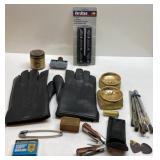 Ashtrays, gloves, pin, tools more