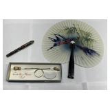 Vintage cat & mouse brooch, hand fan & pen