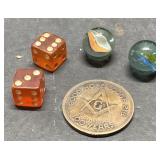 Vintage Masonic token, marbles & die Vintage Masonic token, marbles & die