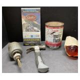 Vintage empty oil can, tools, red light bulb & map Vintage empty oil can, tools, red light bulb & map