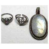 925 silver pendant & ring; also class ring