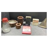 Retro desk tobacco set, radio, metal sailboat & Retro desk tobacco set, radio, metal sailboat &