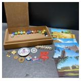 Marbles, Scouting, postcards, wood box & more