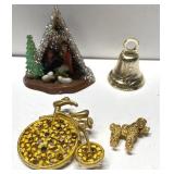 Bicycle brooch, dog pendant, nativity & bell