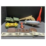 ABCD TV blimp, rocket, jeep, race car, toy gun &