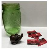 Green mason jar, Gilette razor blades & more