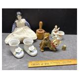 Vintage porcelain doll, shoes, butter print, more