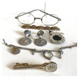 Vintage earrings (Greece), tie clip, glasses (no