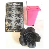 Halloween spiders, flower pin & 'toy' trash can Halloween spiders, flower pin & 'toy' trash can