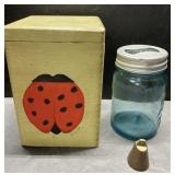 Blue mason jar, wood box & brass bell