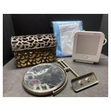 Metal decorative box, magnifying mirror, and more