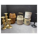 Brass, candlesticks and crocks