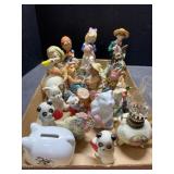 Flat of figurines, mini oil, lamp, coin, bank,