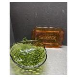 Retro green glass fruit bowl, and amber glass