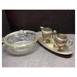 Pyrex etched casserole and silver plate tea