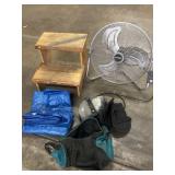 Stepstool, fan, kneepads, and tarp