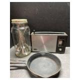 Vintage york 12 radio, cast iron skillet and jar