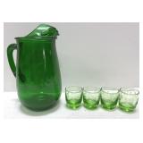 Vintage Anchor Hocking green glass pitcher & 4