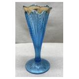 STUNNING vintage blue glass vase w/ gold trim-6"