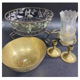 Brass candlesticks, bowl & more