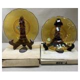 Two amber plates by Tiara-Four Holly birds 1984