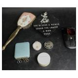 Vintage hair brush from vanity set, key wallet,