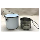 4" tall Enamel pail and a vintage sifter.