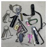 Locks, Allen wrenches, keychains, keys, flashlight