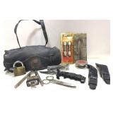 Motorcyle items & more incl leather bag, gas cap,