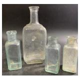 4 antique medicine bottles-green/blue glass-see