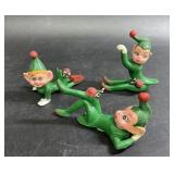 3 vintage little Green Elves with Ladybugs-plastic