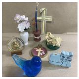 Blue art glass bluebird, religious items & more
