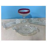 Vintage ruby red pressed glass candy dish, clear