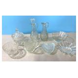 Pressed glass pieces including cruets, creamer