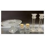 Etched Glass items-bottles, candle sticks & cake
