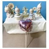 4 Precious Moments figurines, snow globe and mini