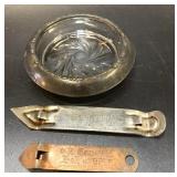 4 in. glass ashtray and 2 vintage bottle openers,