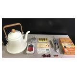 Vintage metal teapot, 1965 math flash cards, can