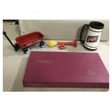 Vintage Schlitz mug, Radio Flyer tiny wagon,